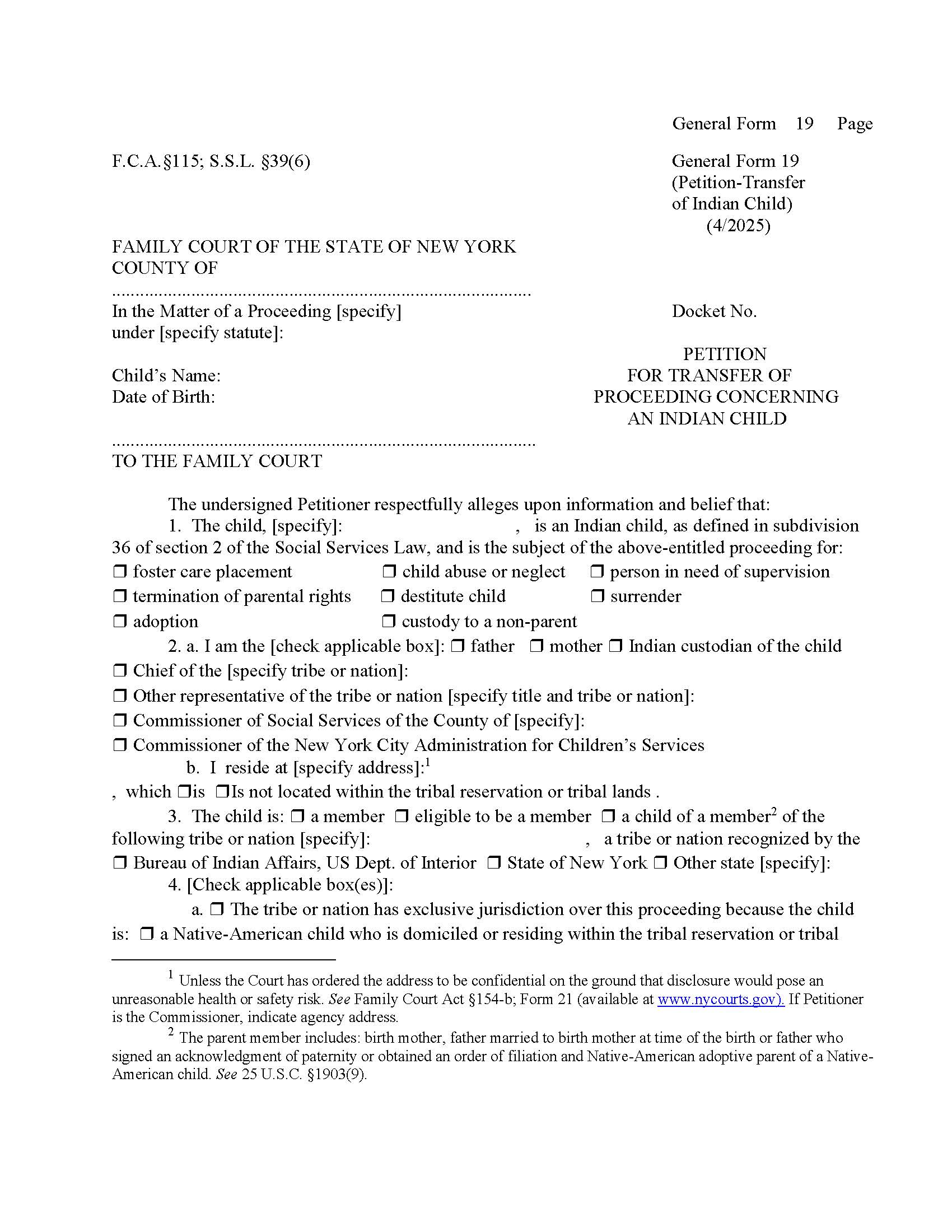 Petition For Transfer Of Proceeding Concerning An Indian Child {GF-19} | Pdf Fpdf Doc Docx | New York