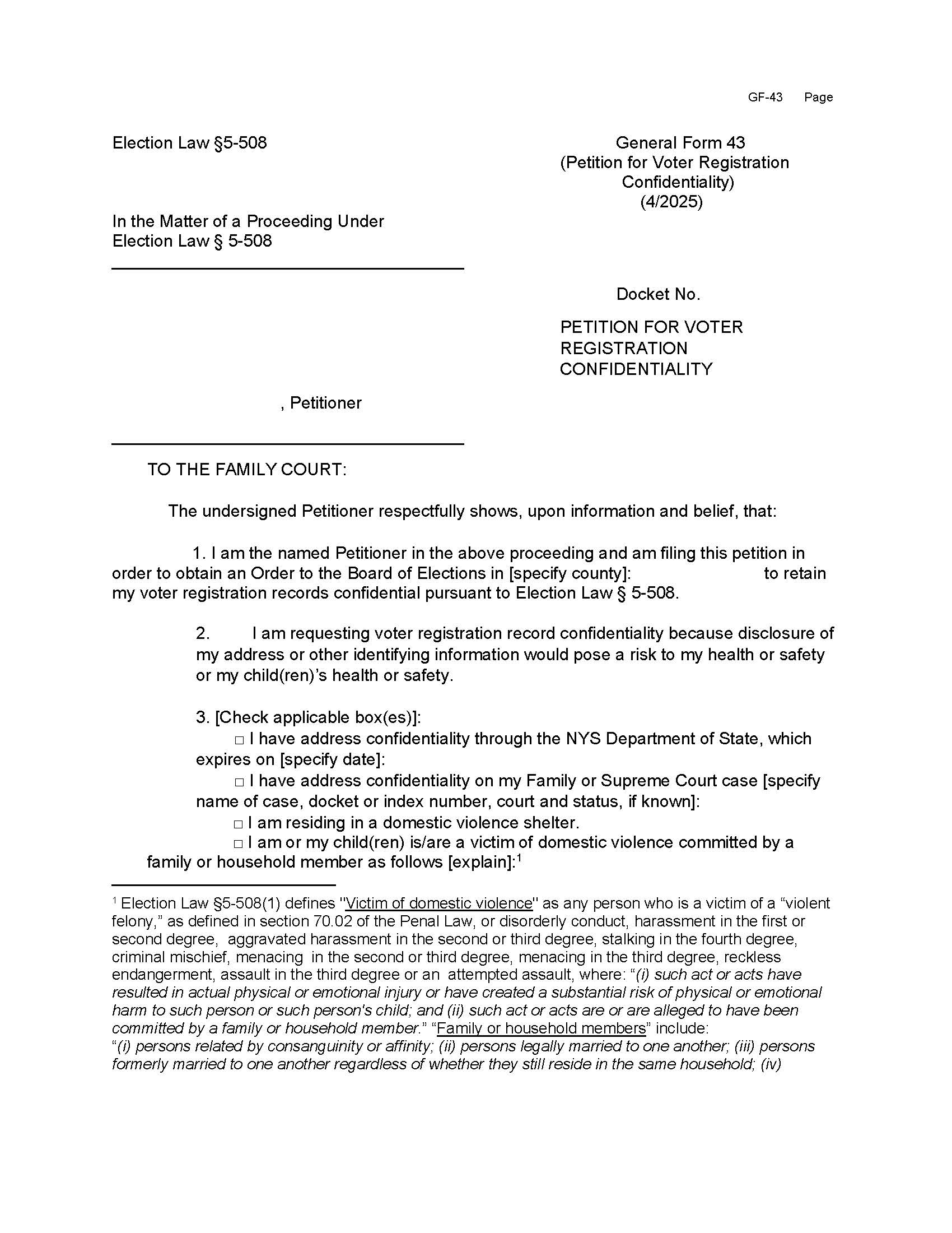 Petition For Voter Registration Confidentiality {GF-43} | Pdf Fpdf Docx | New York