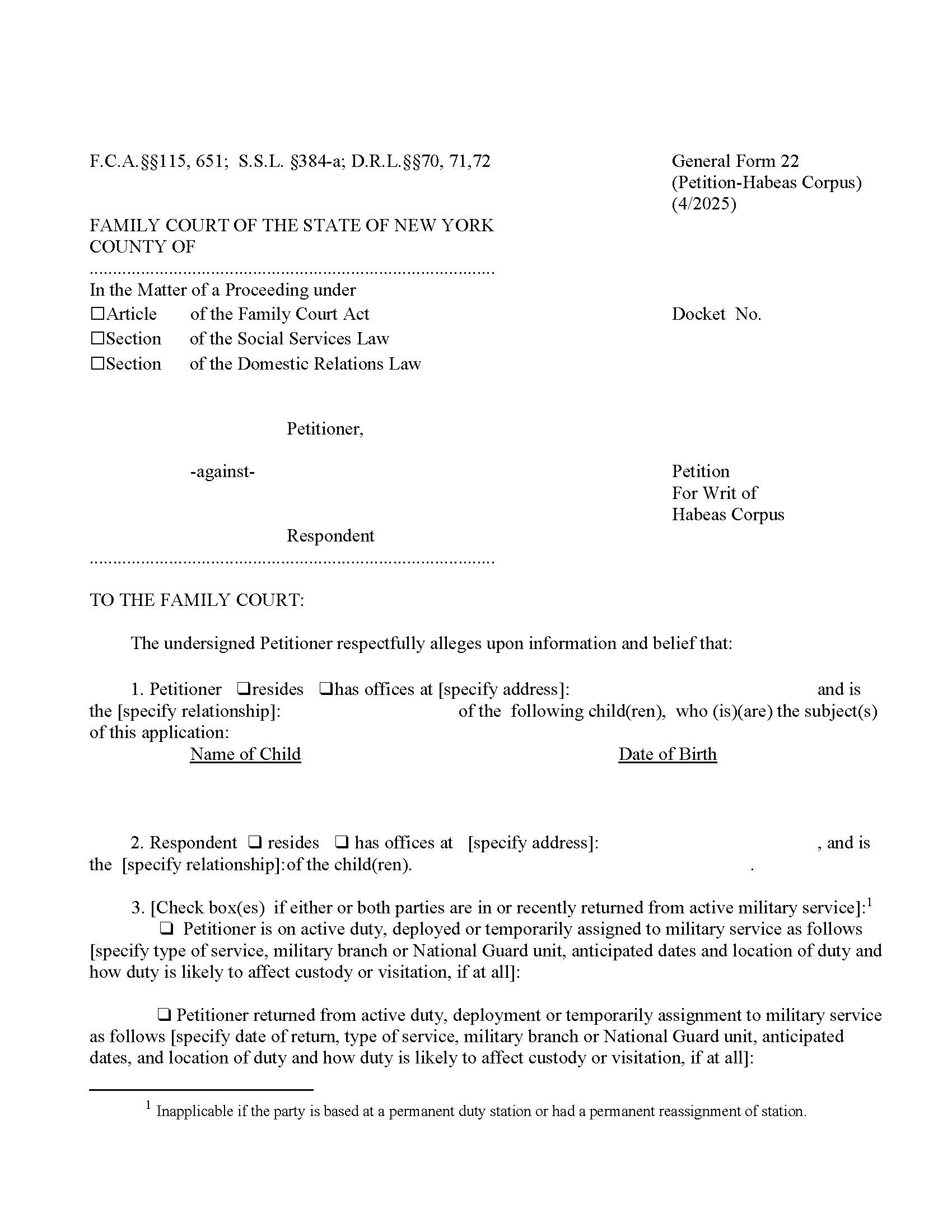 Petition For Writ Of Habeas Corpus {GF-22} | Pdf Fpdf Doc Docx | New York