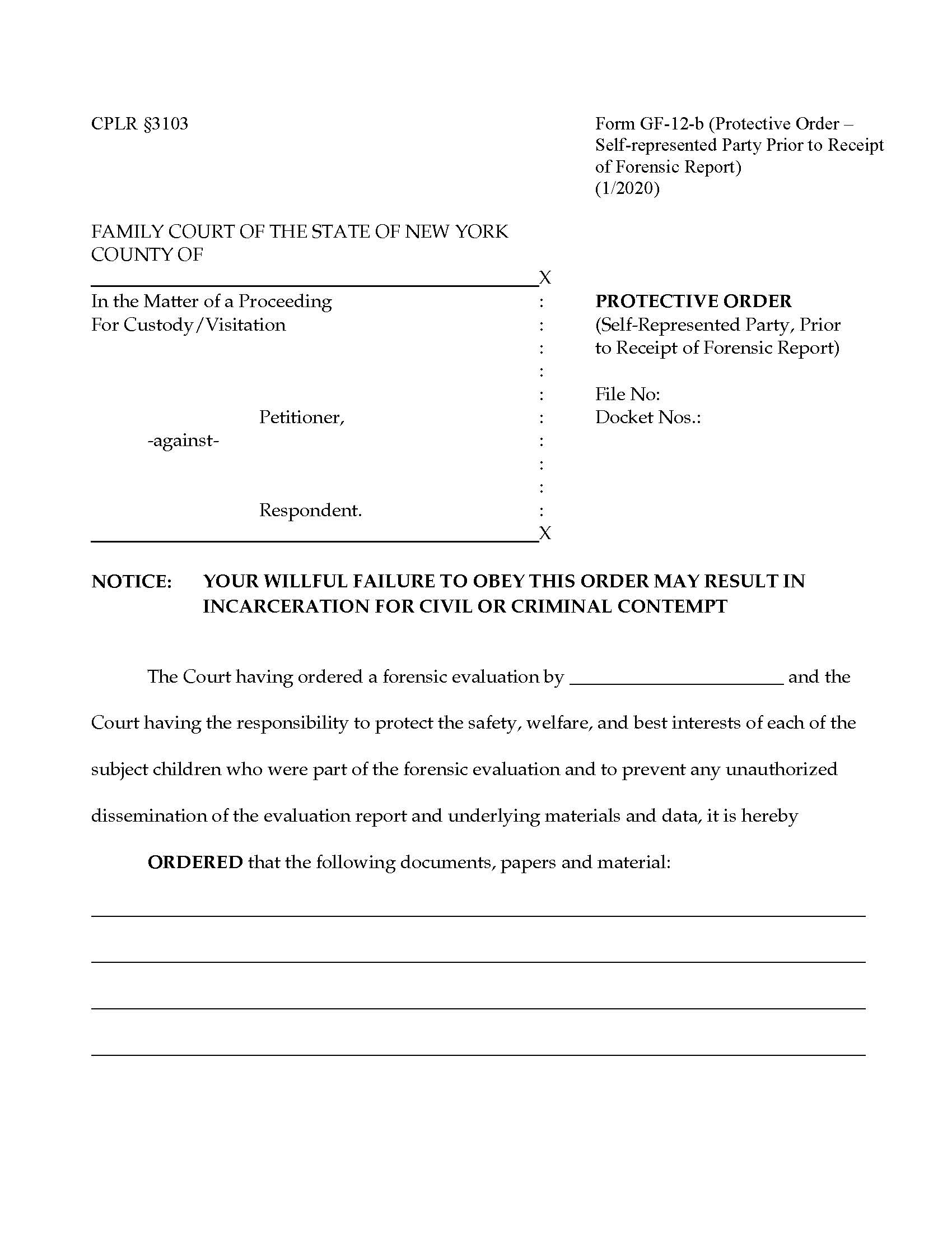 Protective Order - After Forensic Report Received {GF-12-c} | Pdf Fpdf Docx | New York