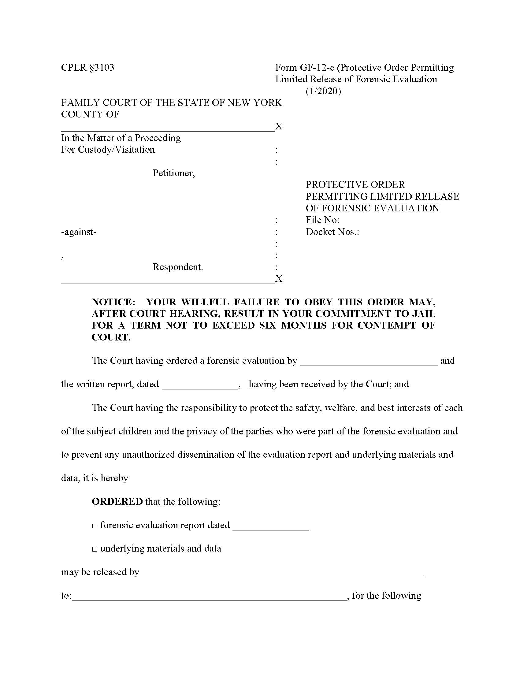 Protective Order Permitting Limited Release Of Forensic Evaluation {GF-12-e} | Pdf Fpdf Docx | New York