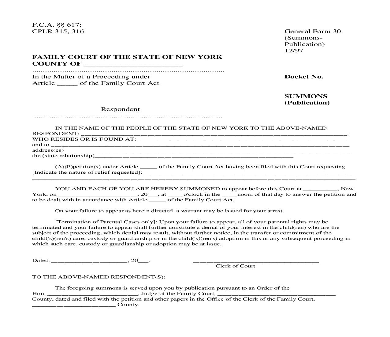 Summons Publication {GF-30} | Pdf Fpdf Doc Docx | New York