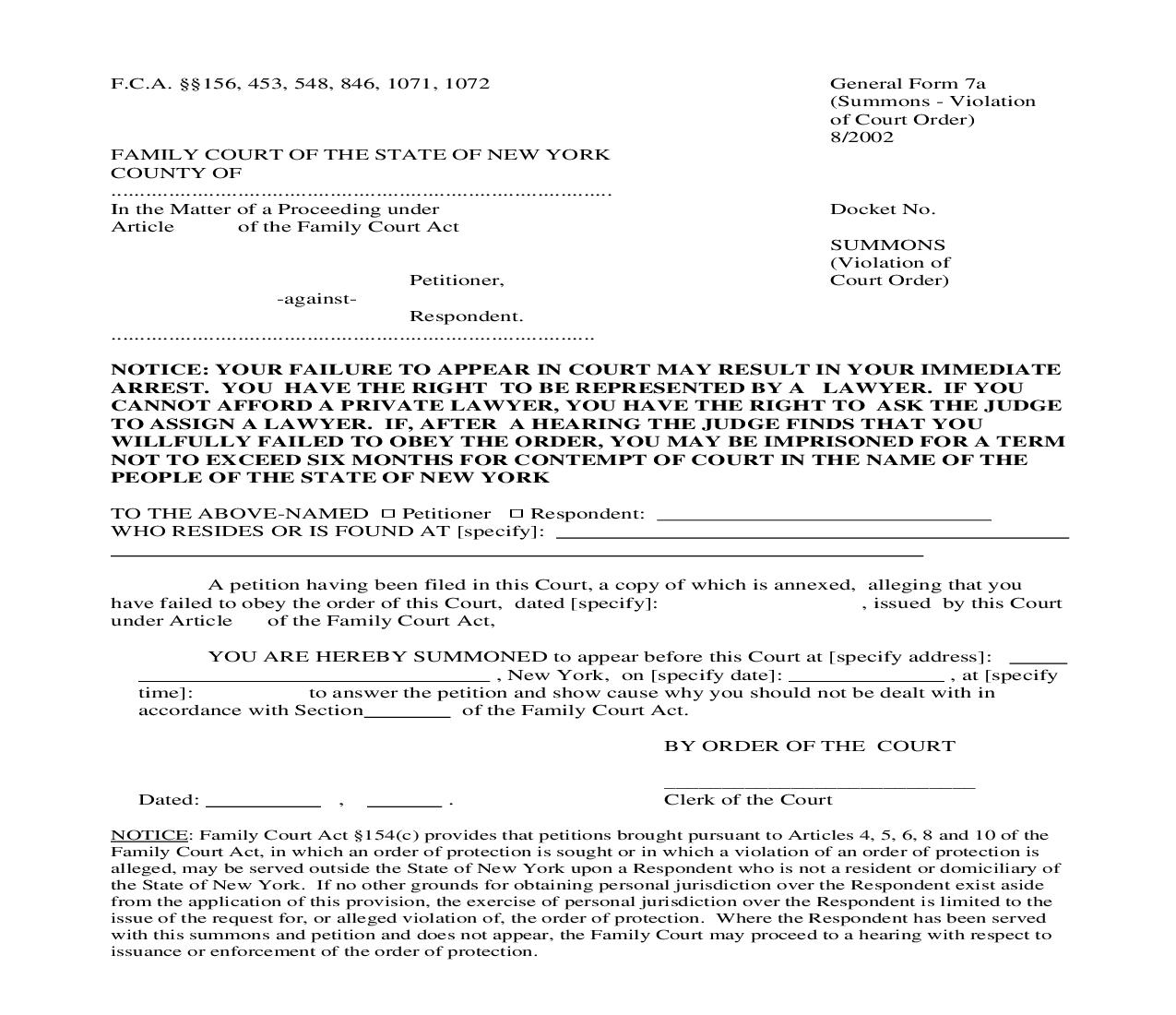 Summons Violation Of Court Order {GF-7a} | Pdf Fpdf Doc Docx | New York