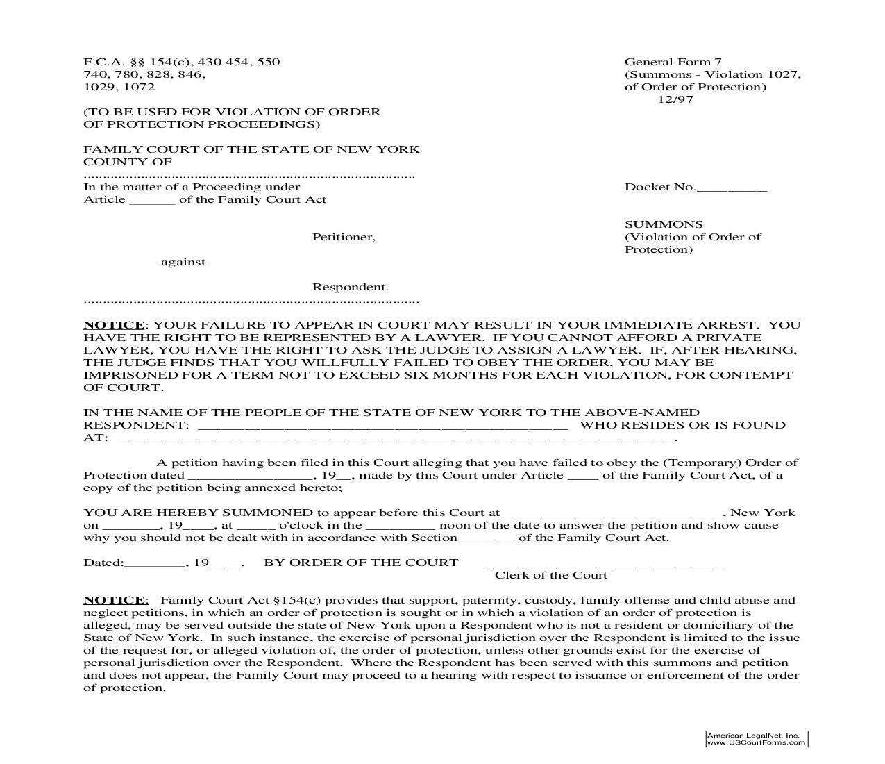 Summons Violation Of Order Of Protection {GF-7} | Pdf Fpdf Doc Docx | New York
