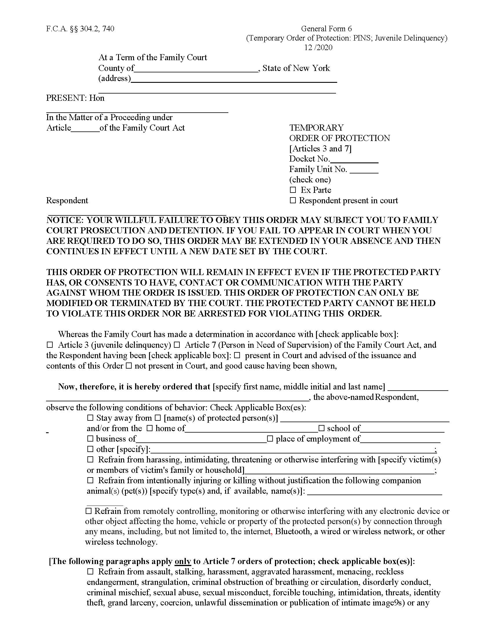 Temporary Order Of Protection (PINS Or Juvenile Delinquency) {GF-6} | Pdf Fpdf Doc Docx | New York