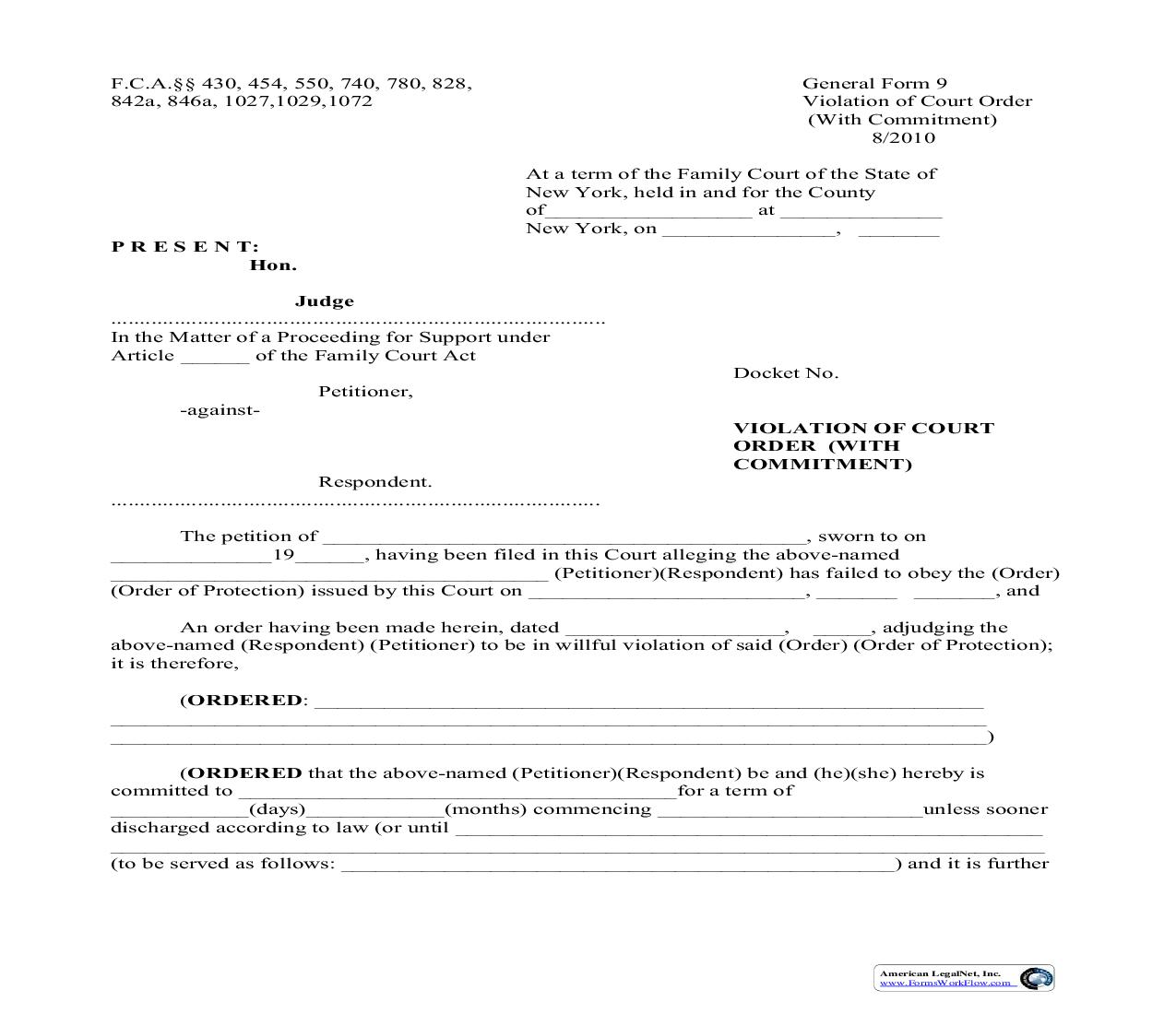 Violation Of Court Order With Commitment {GF-9} | Pdf Fpdf Doc Docx | New York