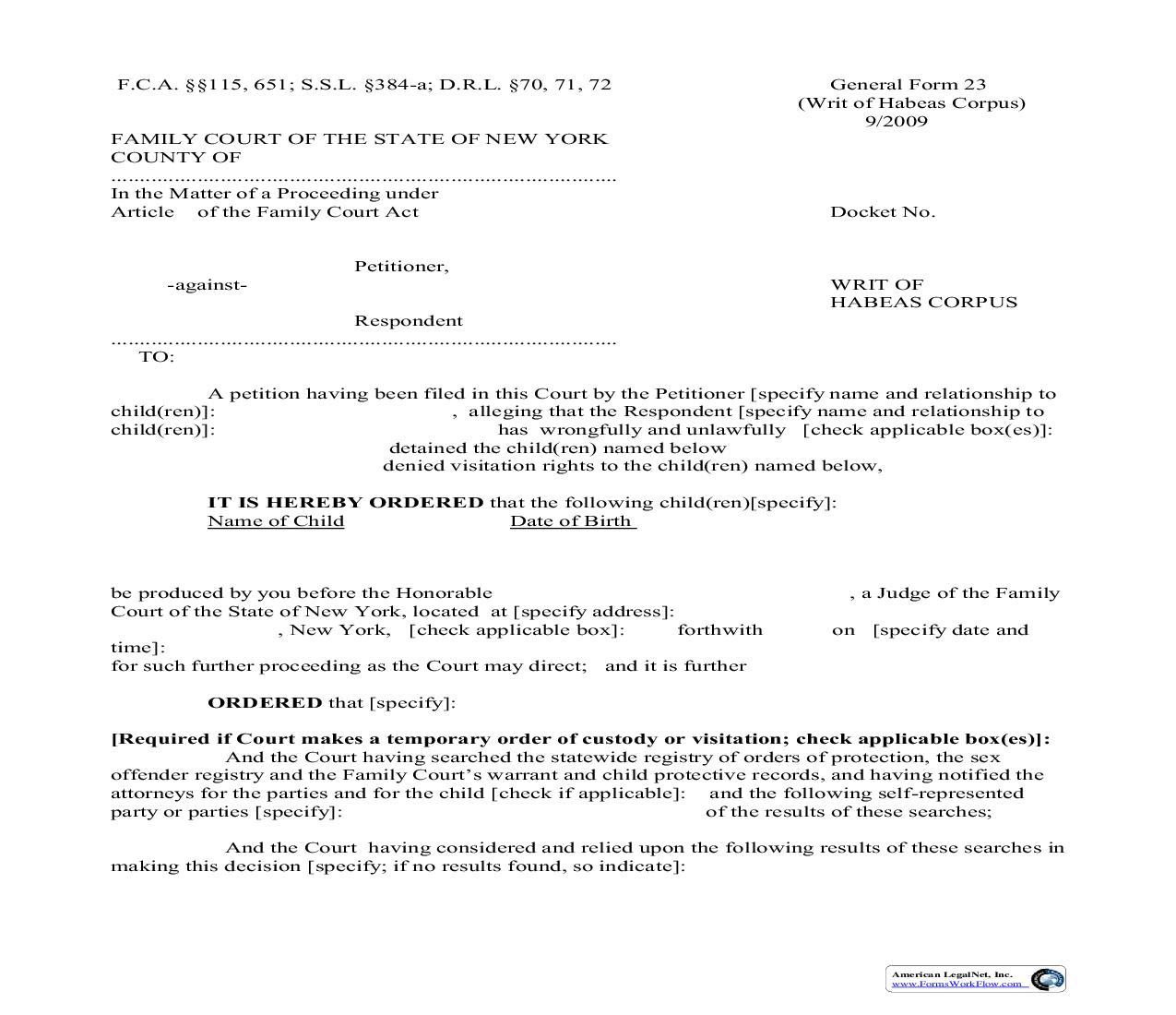 Writ Of Habeas Corpus {GF-23} | Pdf Fpdf Doc Docx | New York