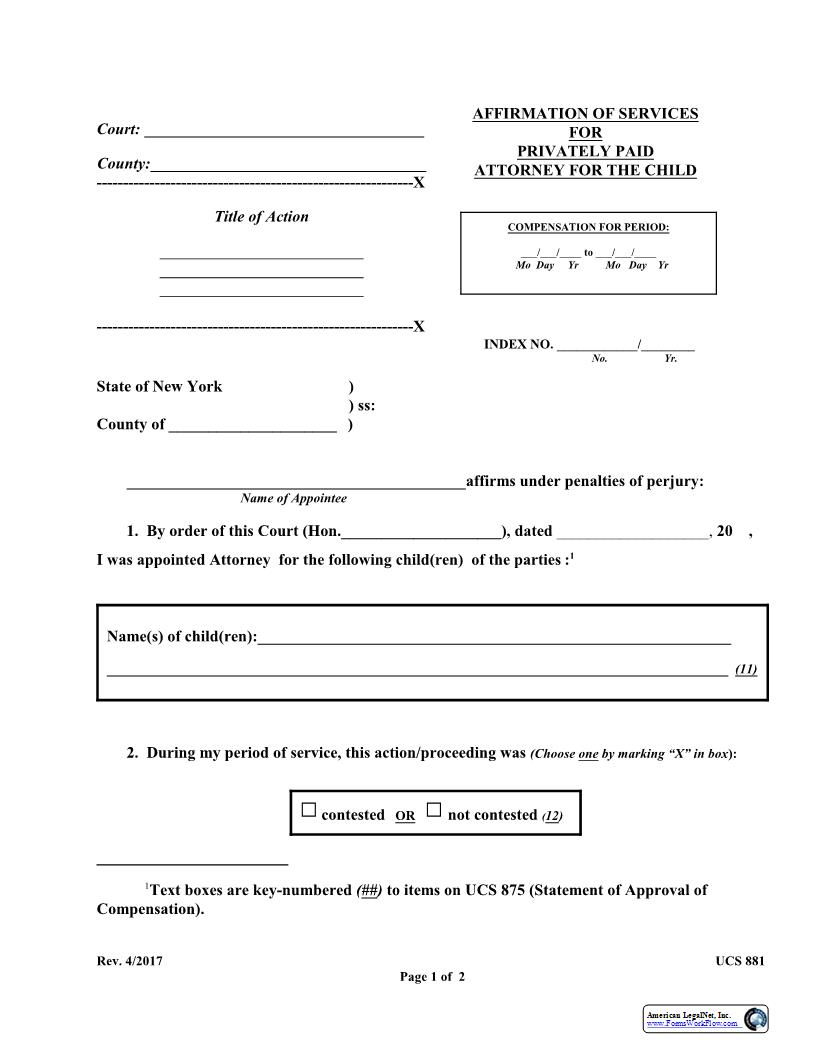 Affirmation Of Services For Privately Paid Attorney For The Child {UCS-881} | Pdf Fpdf Docx | New York