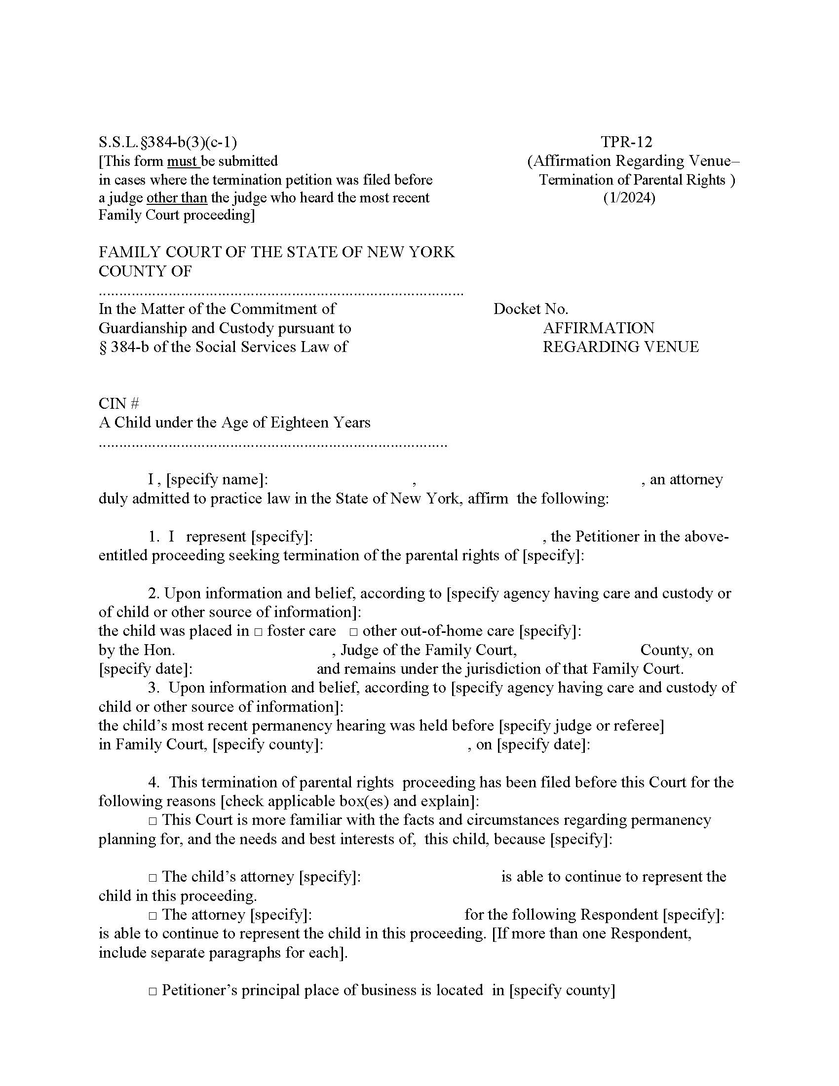 Affirmation Regarding Venue {TPR-12} | Pdf Fpdf Doc Docx | New York