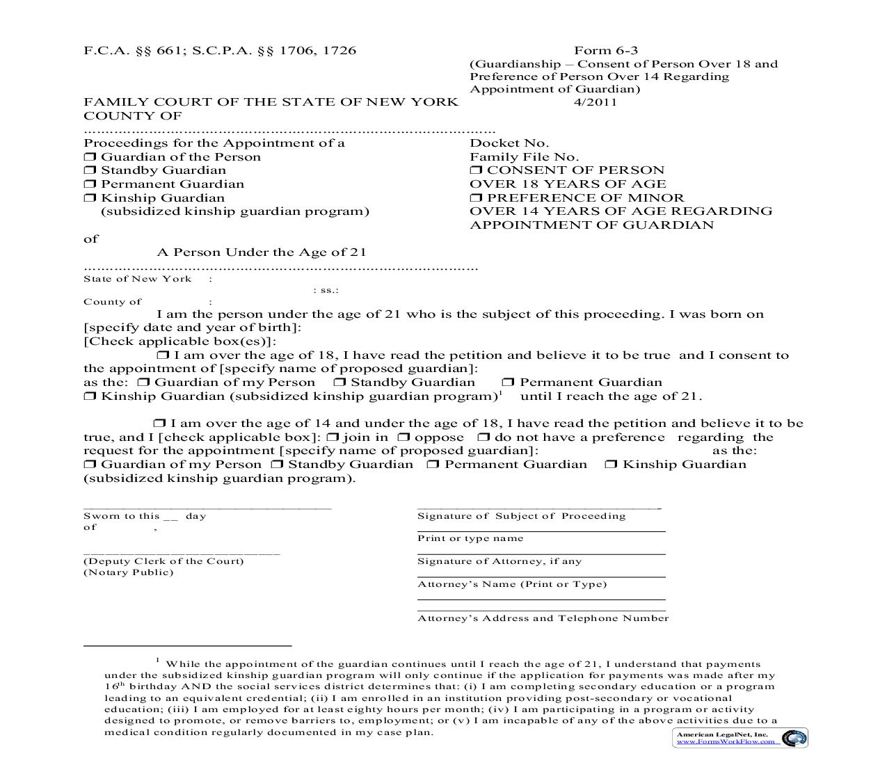 Consent Of Person Over 18 - Preference Of Minor Over 14 Regarding Appointment Of Guardian {6-3} | Pdf Fpdf Doc Docx | New York