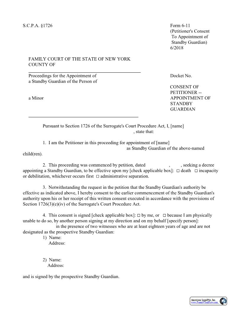 Consent Of Petitioner Appointment Of Standby Guardian {6-11} | Pdf Fpdf Docx | New York