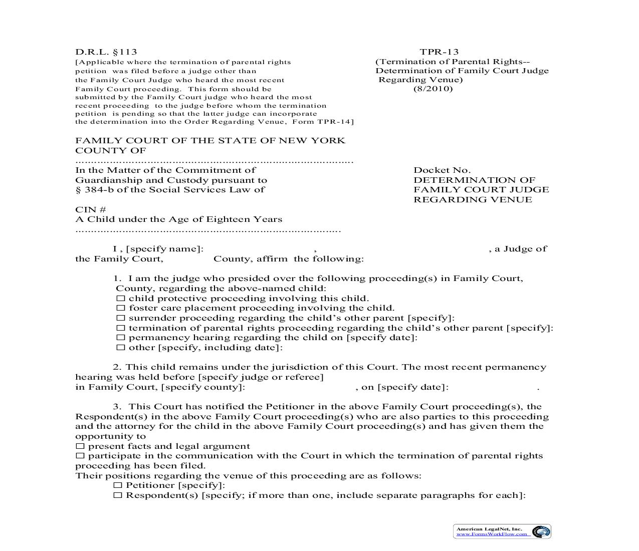 Determination Of Family Court Judge Regarding Venue {TPR-13} | Pdf Fpdf Doc Docx | New York