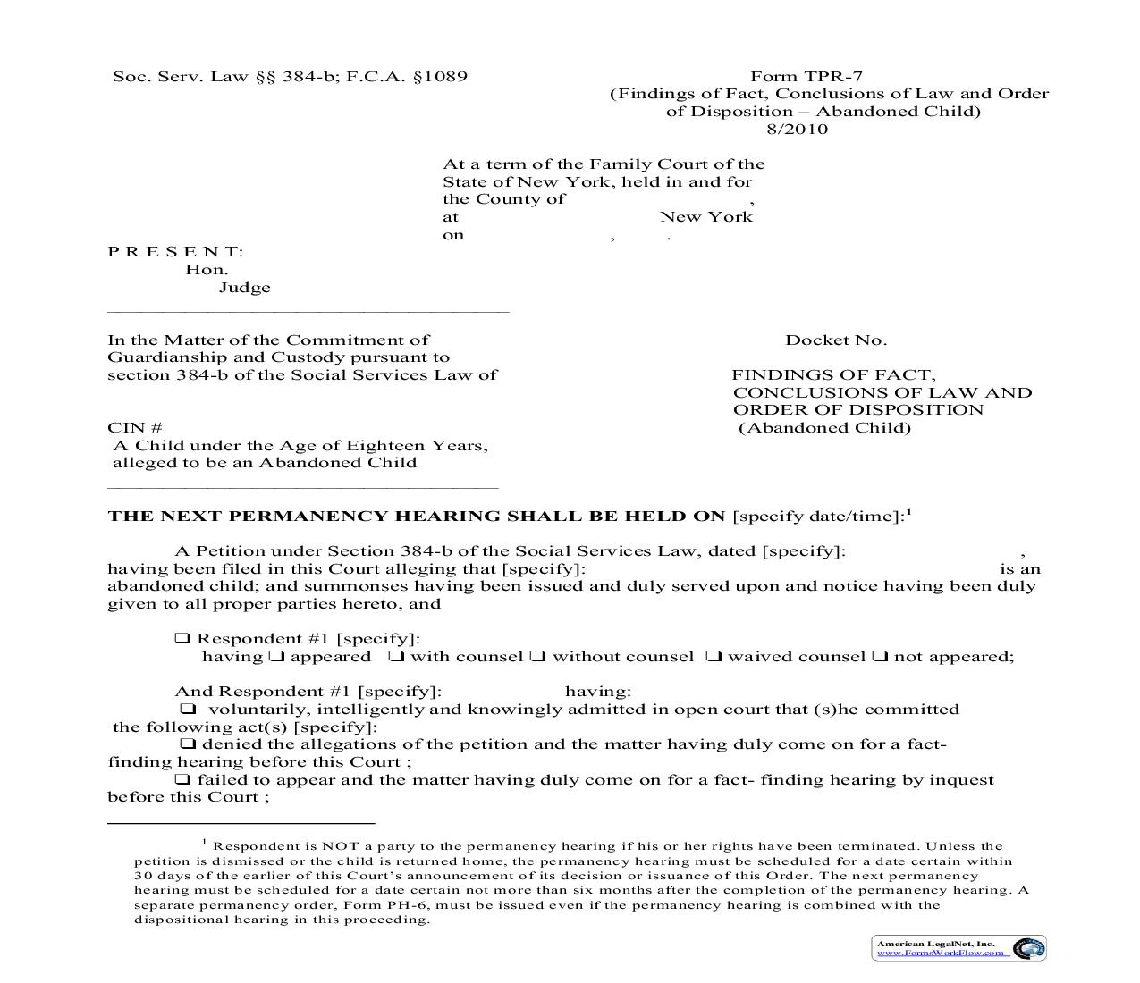 Findings Of Fact Conclusions Of Law And Order Of Disposition (Abandoned Child) {TPR-7} | Pdf Fpdf Doc Docx | New York
