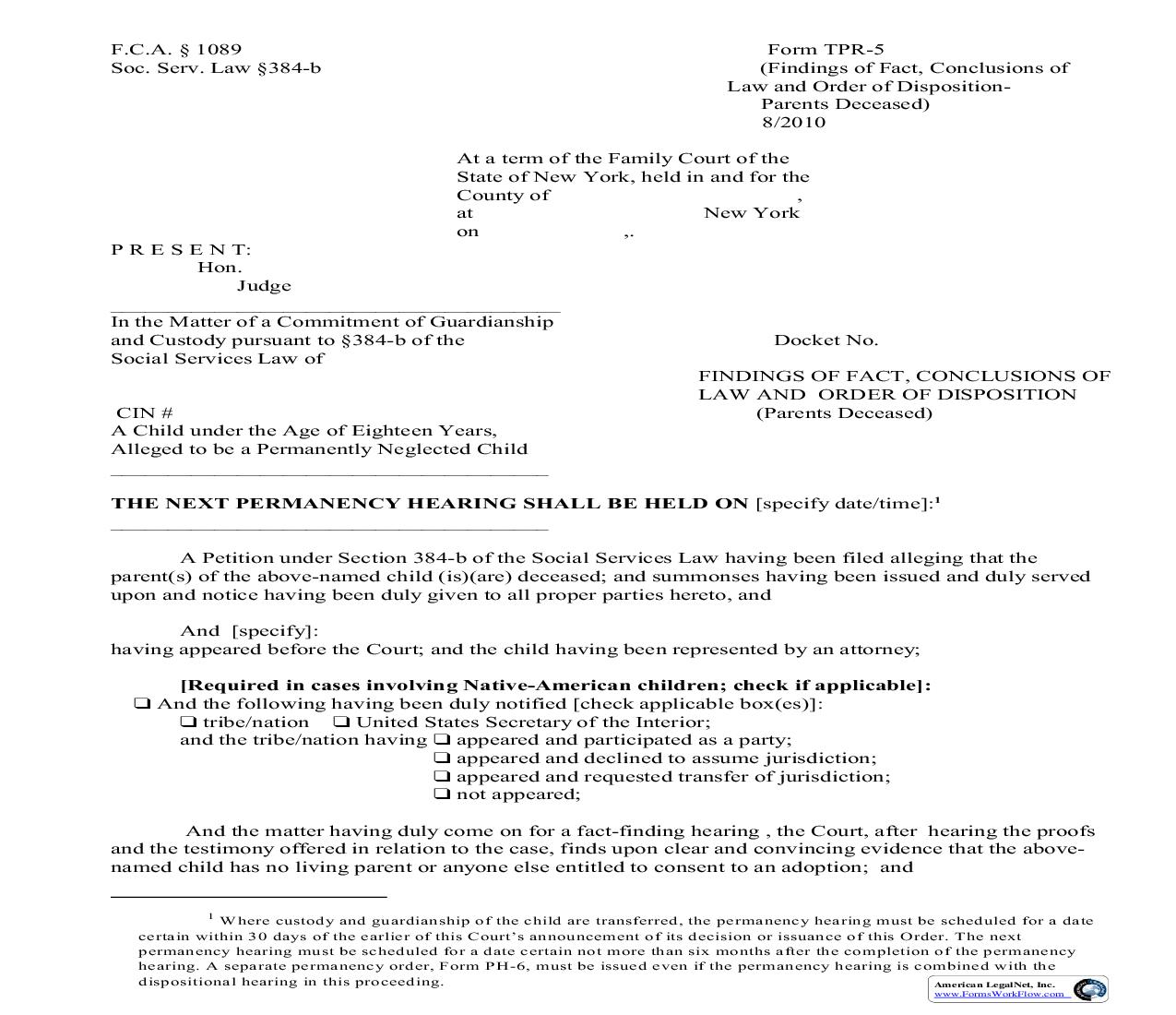 Findings Of Fact Conclusions Of Law And Order Of Disposition (Parents Deceased) {TPR-5} | Pdf Fpdf Doc Docx | New York