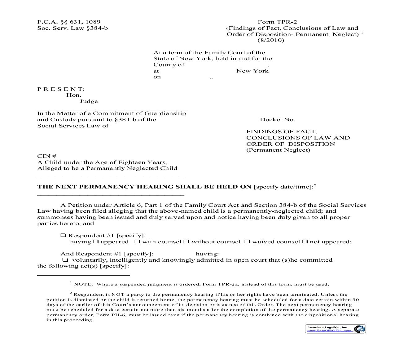 Findings Of Fact Conclusions Of Law And Order Of Disposition (Permanent Neglect) {TPR-2} | Pdf Fpdf Doc Docx | New York