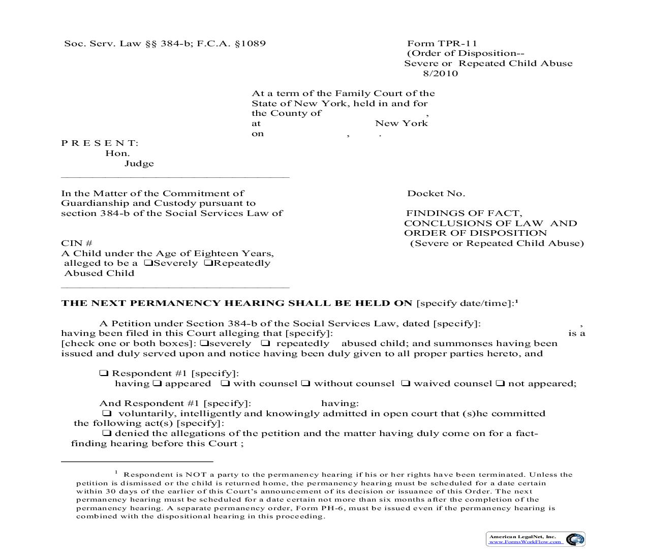Findings Of Fact Conclusions Of Law And Order Of Disposition (Severe Or Repeated Child Abuse) {TPR-11} | Pdf Fpdf Doc Docx | New York