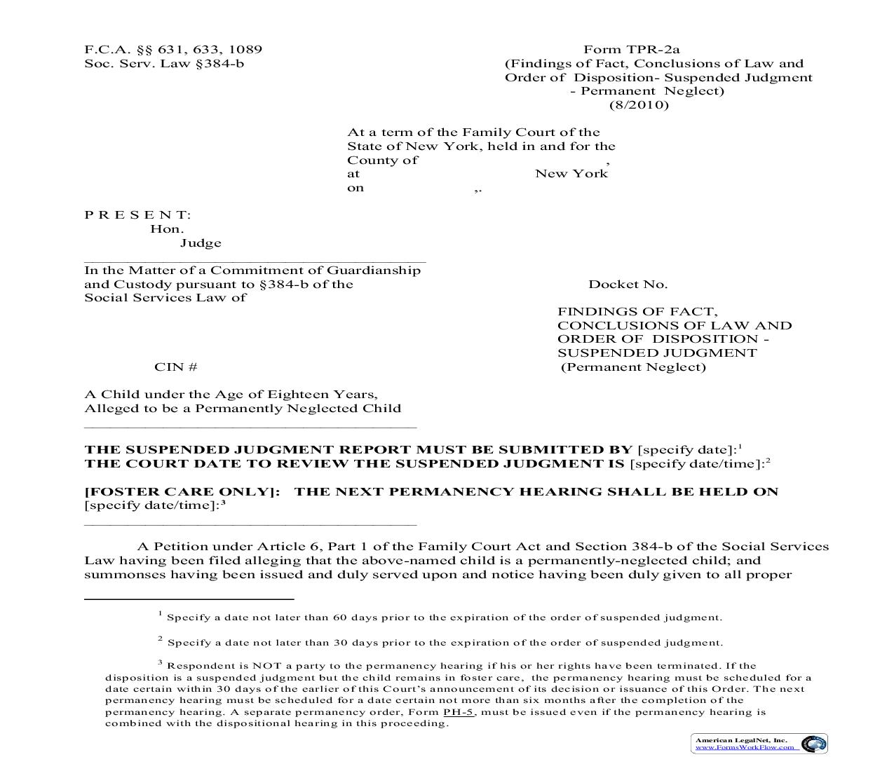 Findings Of Fact Conclusions Of Law And Order Of Disposition - Suspended Judgment (Permanent Neglect) {TPR-2a} | Pdf Fpdf Doc Docx | New York