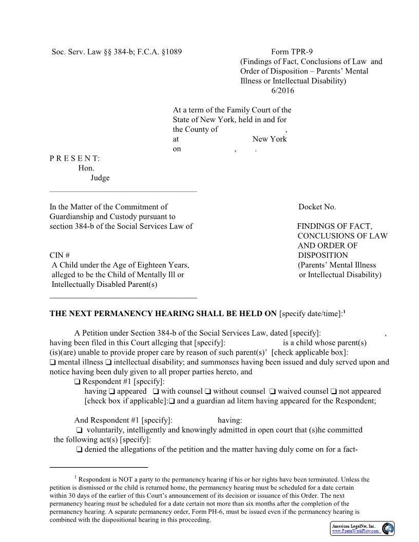 Findings Of Fact Conclusions Order Parents Mental Illness Intellectual Disability {TPR-9} | Pdf Fpdf Docx | New York