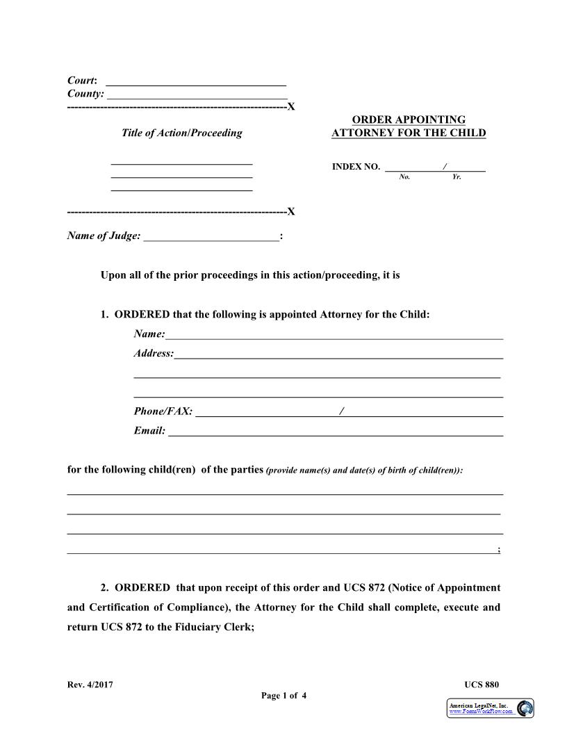 Order Appointing Attorney For The Child {UCS-880} | Pdf Fpdf Docx | New York