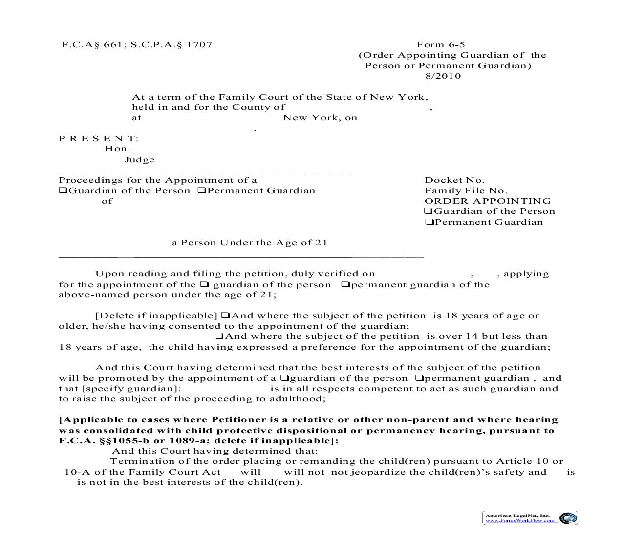 Order Appointing Guardian Of Person Or Permanent Guardian {6-5} | Pdf Fpdf Doc Docx | New York