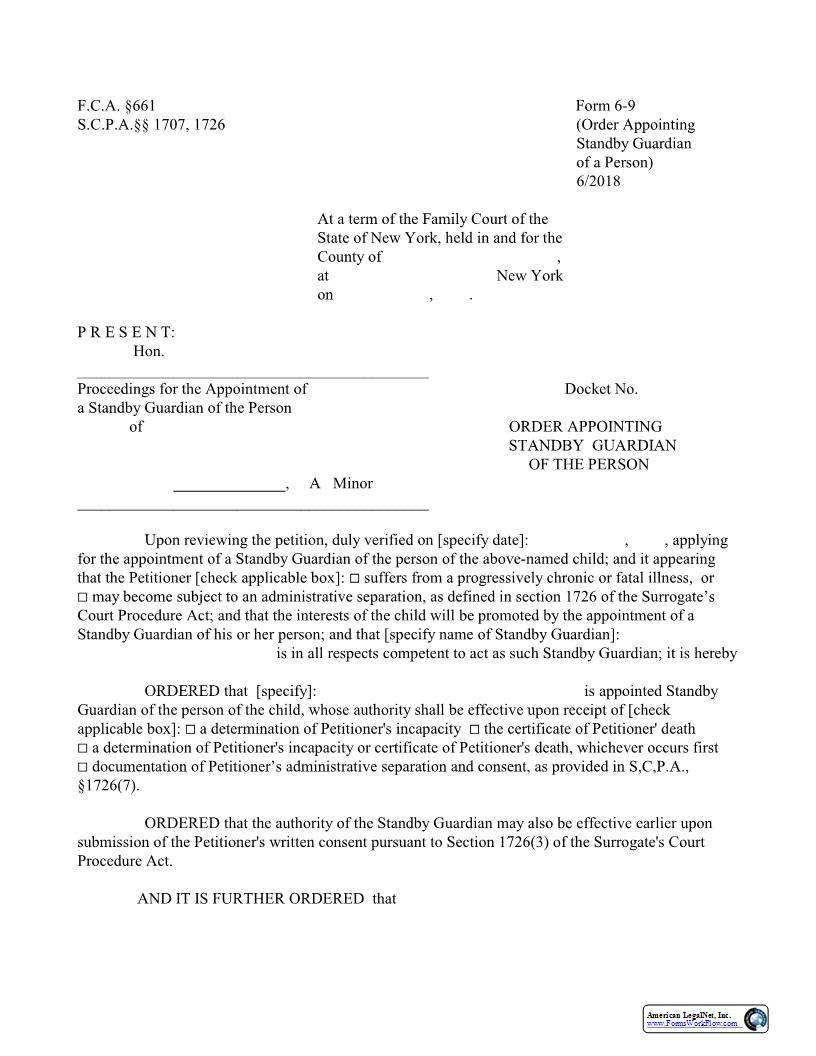 Order Appointing Standby Guardian Of The Person {6-9} | Pdf Fpdf Docx | New York