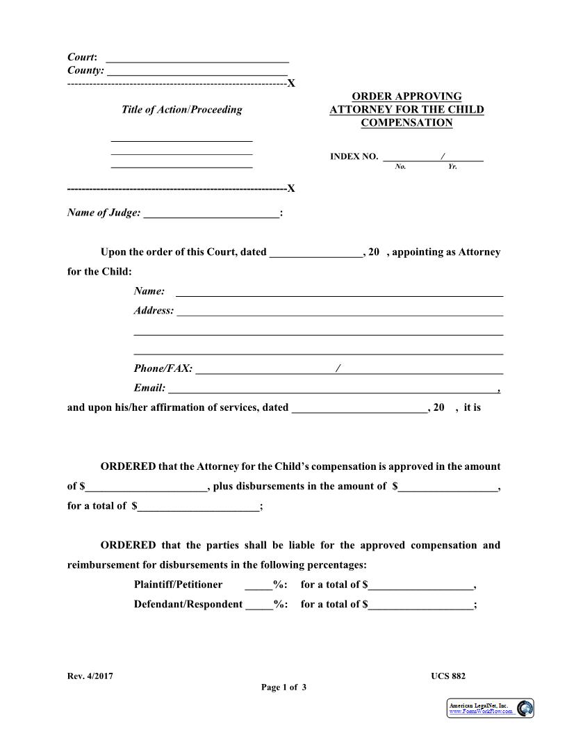 Order Approving Attorney For The Child Compensation {UCS-882} | Pdf Fpdf Docx | New York