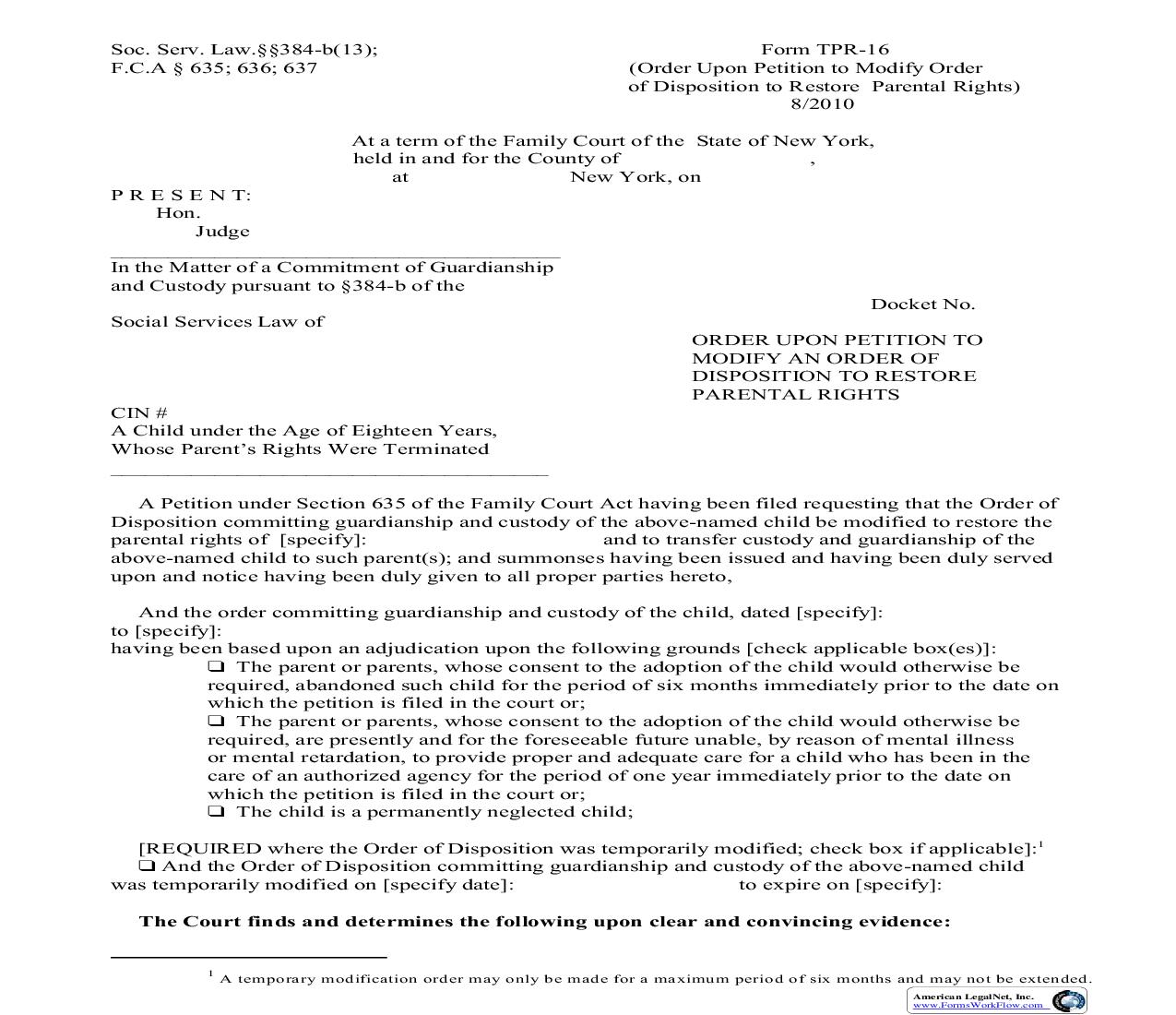 Order Upon Petition To Modify An Order Of Disposition To Restore Parental Rights {TPR-16} | Pdf Fpdf Doc Docx | New York