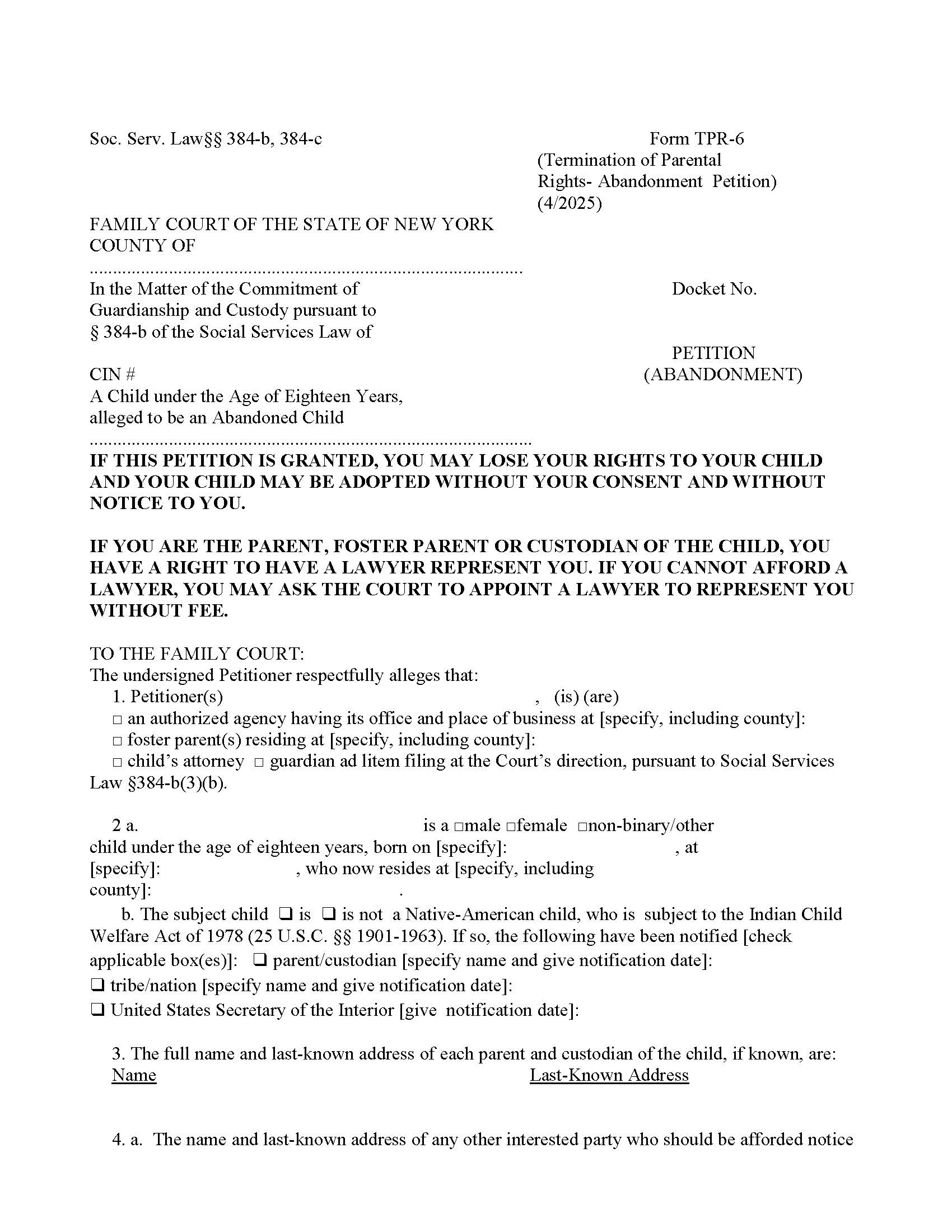 Petition (Abandonment) {TPR-6} | Pdf Fpdf Doc Docx | New York