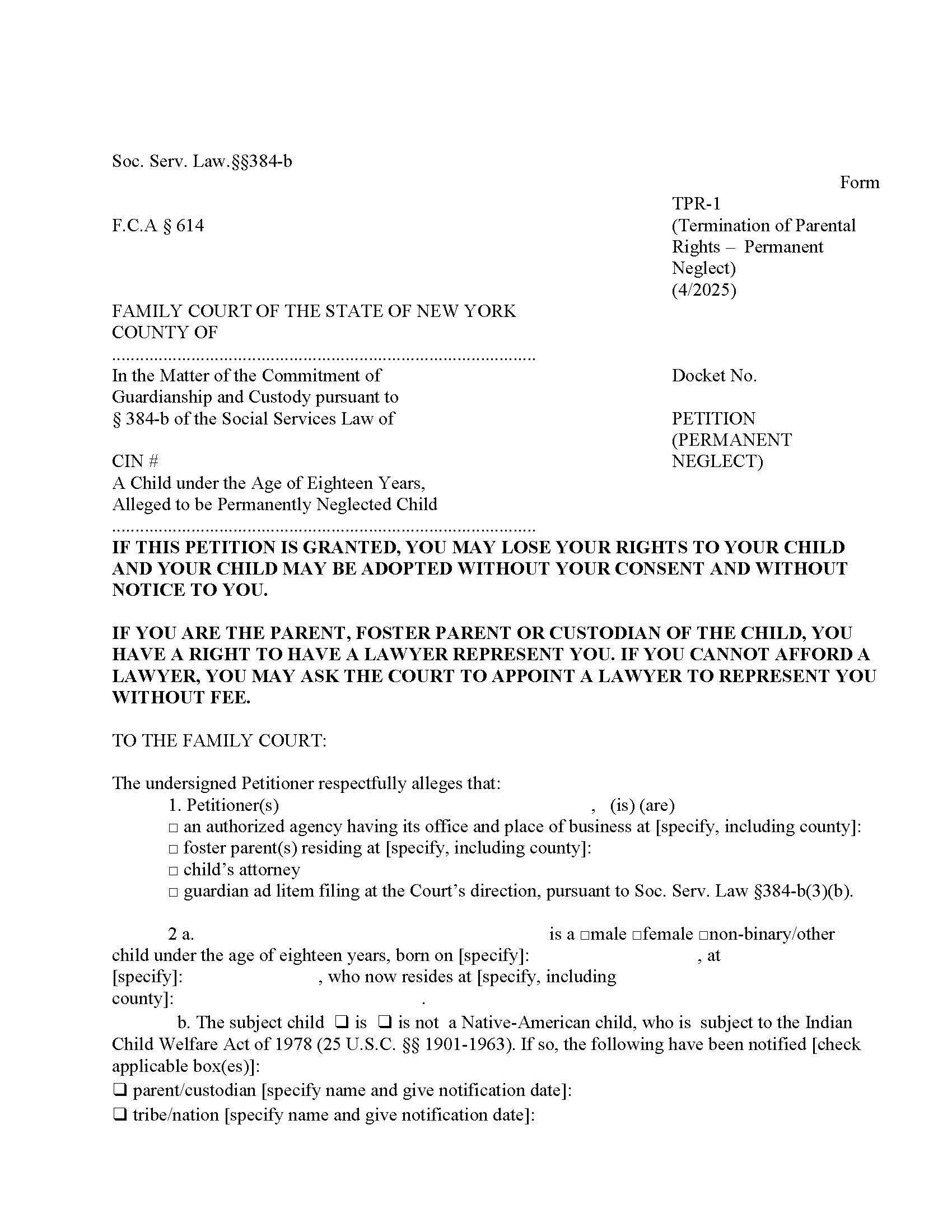 Petition (Permanent Neglect) {TPR-1} | Pdf Fpdf Doc Docx | New York