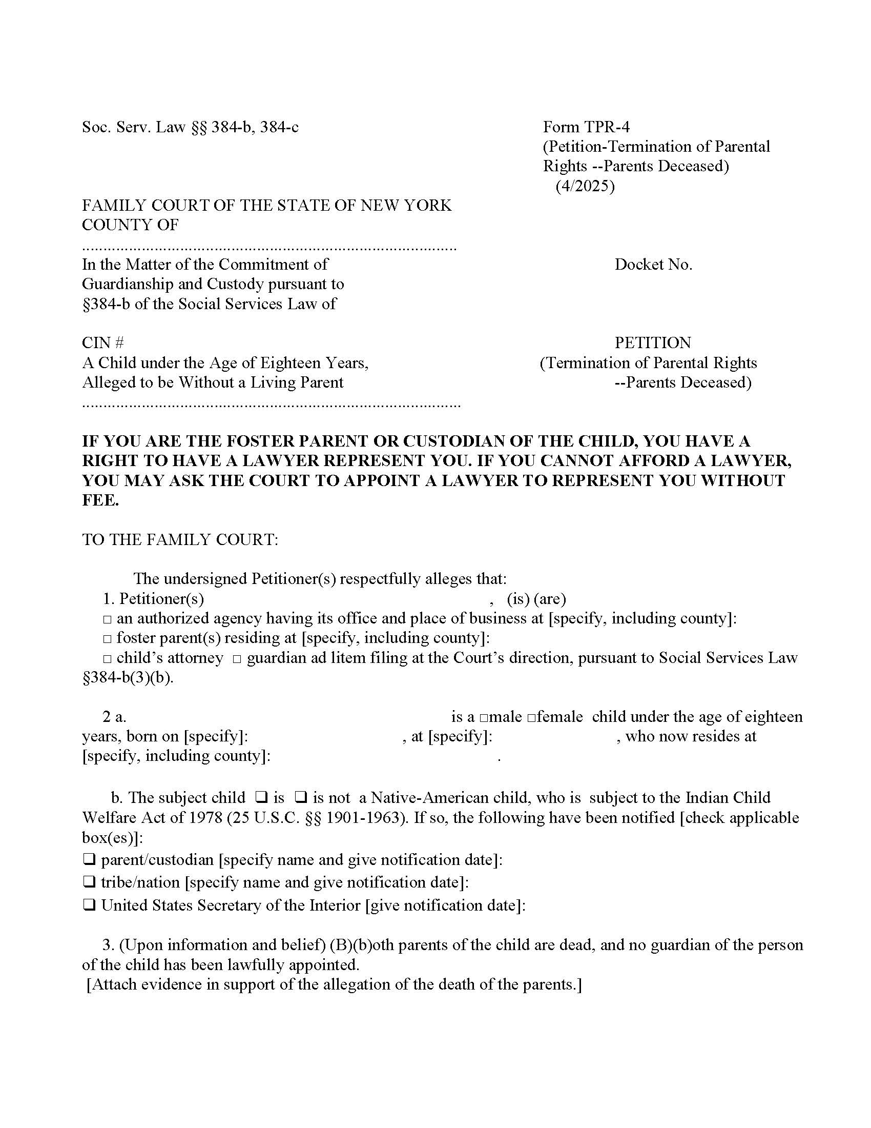 Petition (Termination Of Parental Rights - Parents Deceased) {TPR-4} | Pdf Fpdf Doc Docx | New York