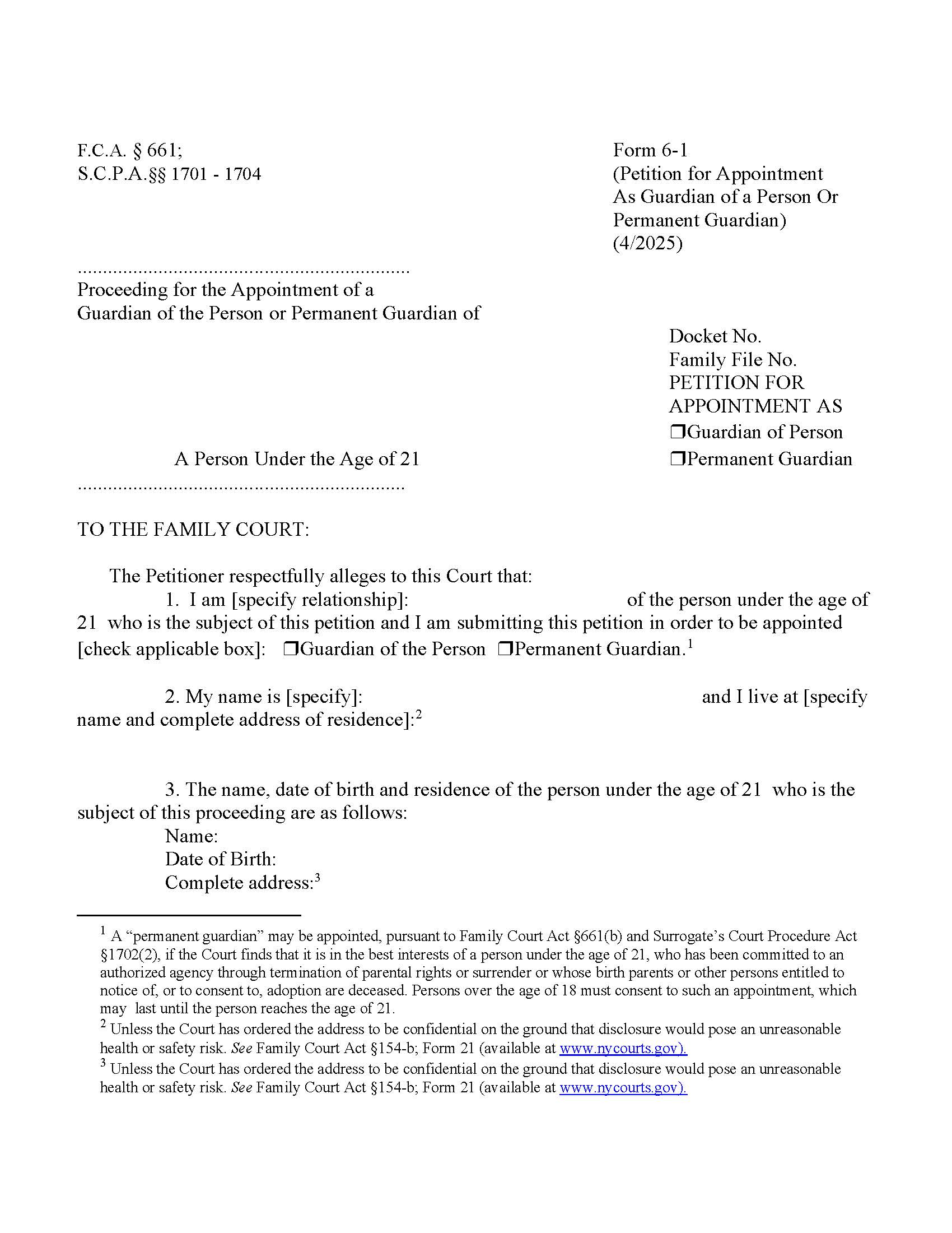 Petition Appointment Of Guardian Of Person {6-1} | Pdf Fpdf Doc Docx | New York