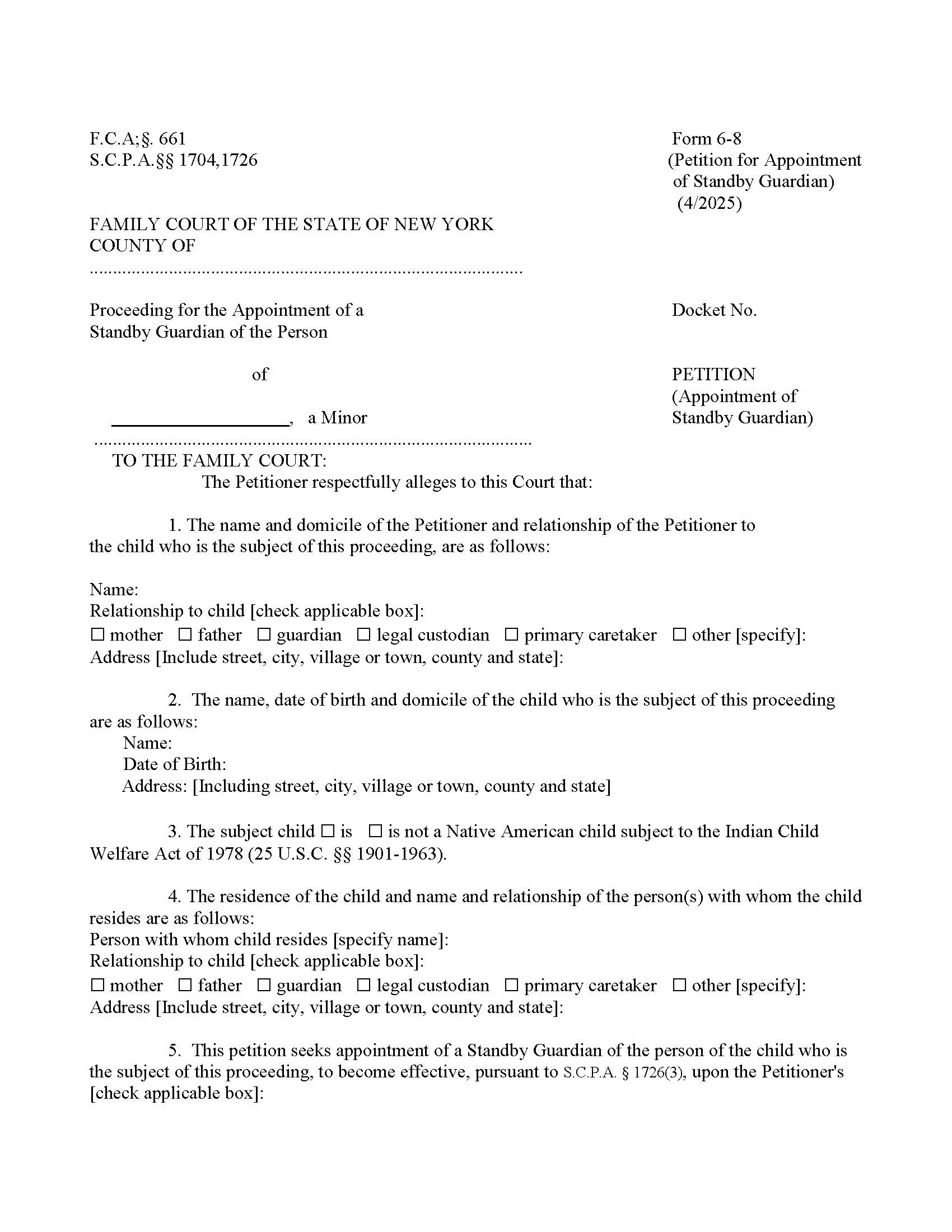Petition Appointment Of Standby Guardian {6-8} | Pdf Fpdf Docx | New York