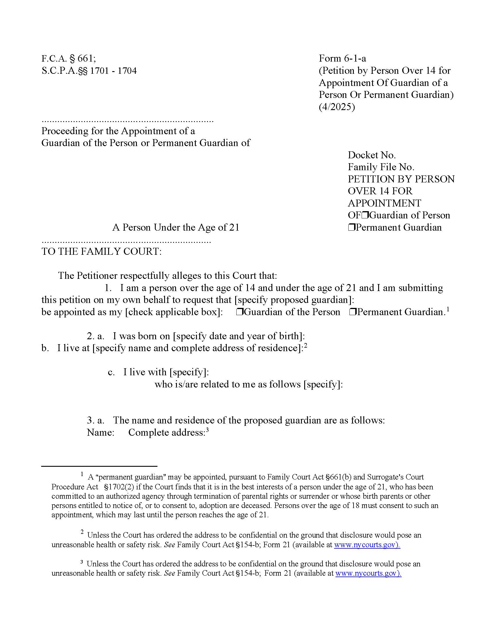 Petition By Person Over 14 For Appointment Of Guardian Of Person Or Permanent Guardian {6-1-a} | Pdf Fpdf Doc Docx | New York