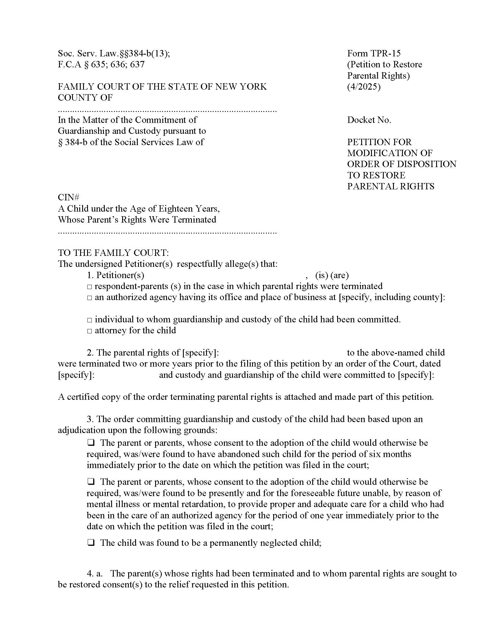 Petition For Modification Of Order Of Disposition To Restore Parental Rights {TPR-15} | Pdf Fpdf Doc Docx | New York