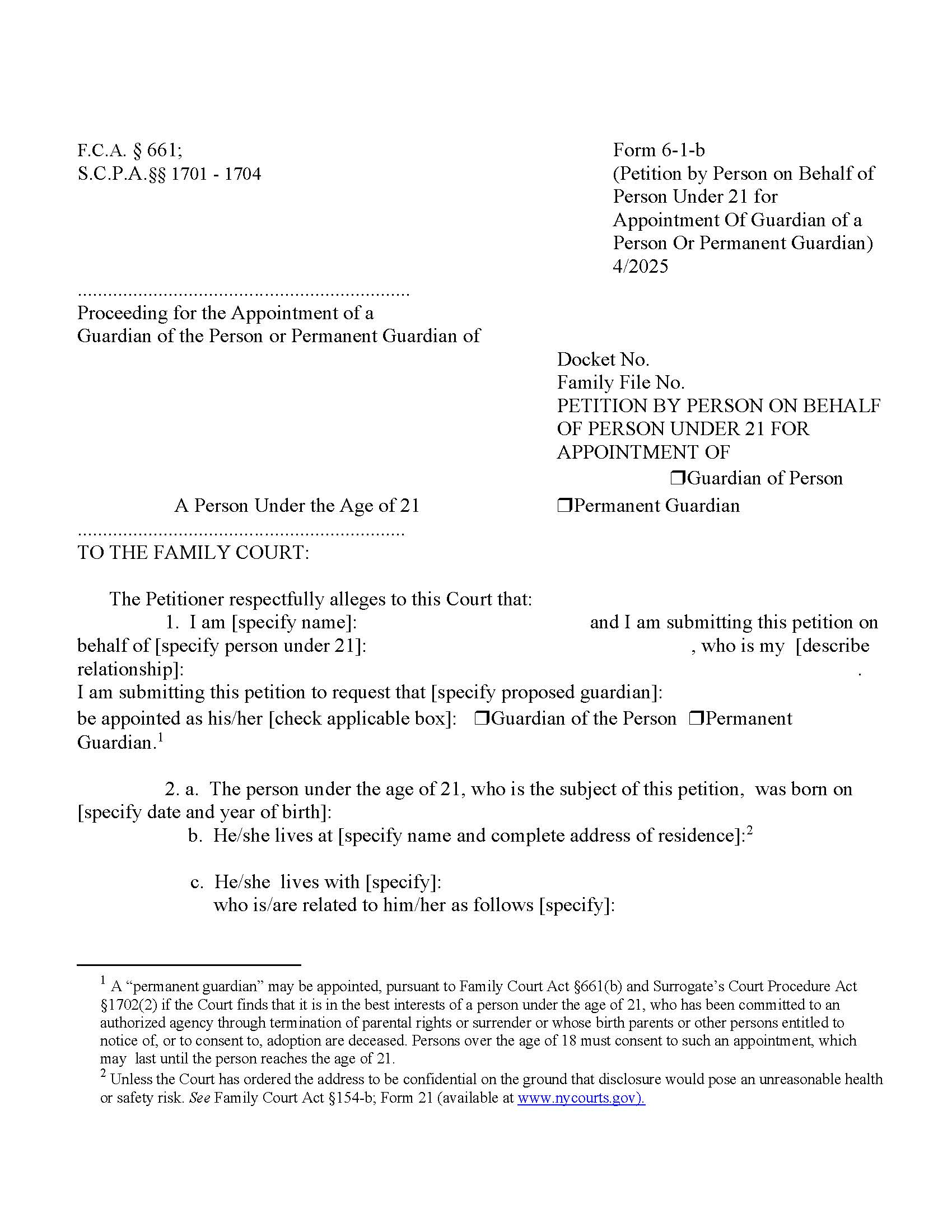 Petition For Person Under 21 For Appointment Of Guardian Of Person Or Permanent Guardian {6-1-b} | Pdf Fpdf Doc Docx | New York