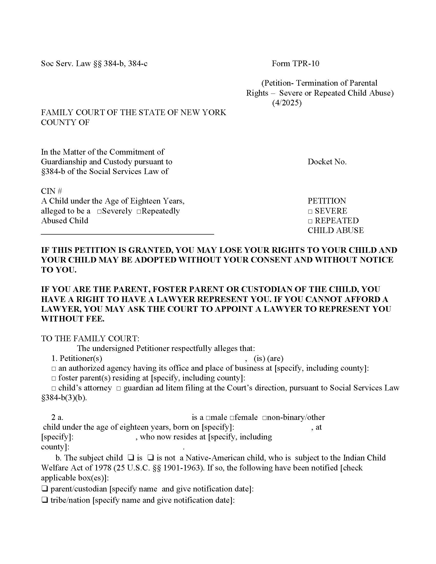 Petition Severe Or Repeated Child Abuse {TPR-10} | Pdf Fpdf Doc Docx | New York