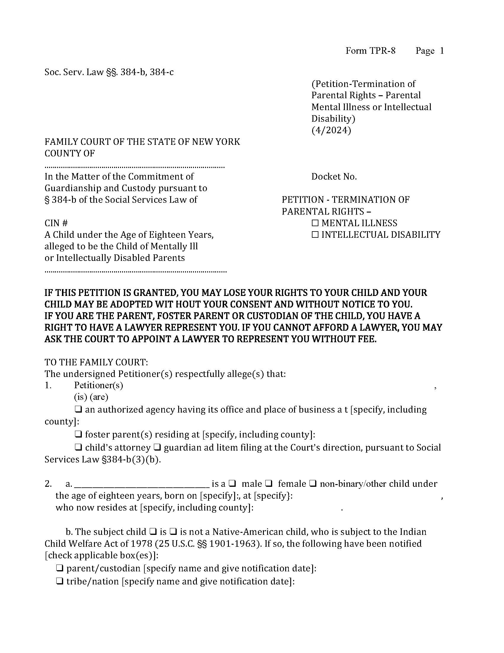Petition Termination Of Parental Rights Mental Illness Intellectual Disability {TPR-8} | Pdf Fpdf Docx | New York