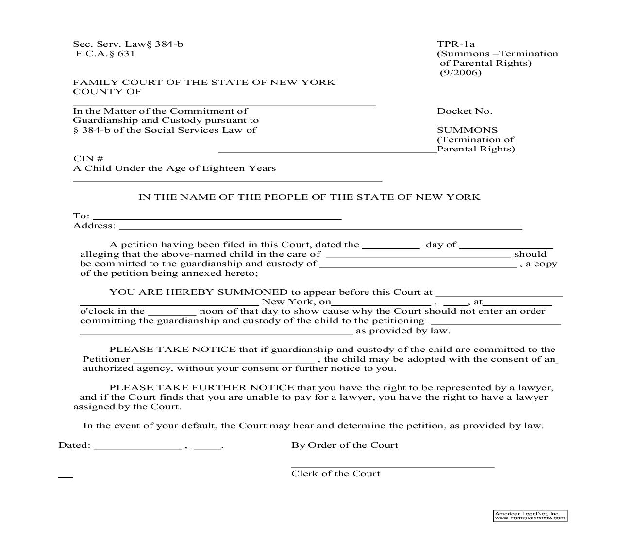 Summons (Termination Of Parental Rights) {TPR-1a} | Pdf Fpdf Doc Docx | New York