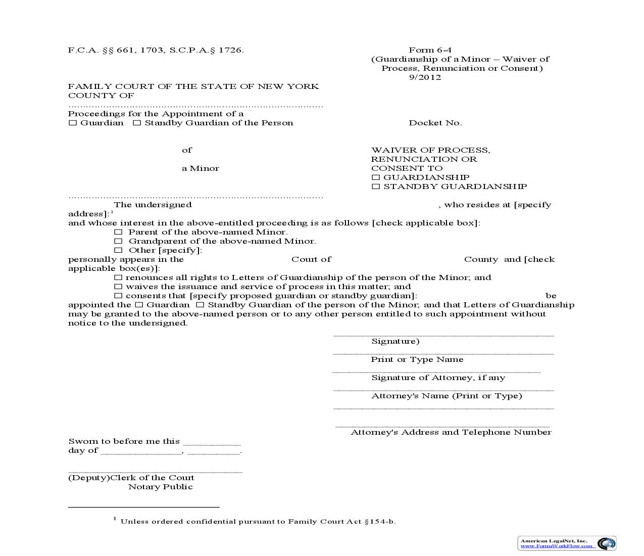 Waiver Of Process Renunciation Or Consent To (Guardianship) (Standby Guardianship) {6-4} | Pdf Fpdf Doc Docx | New York