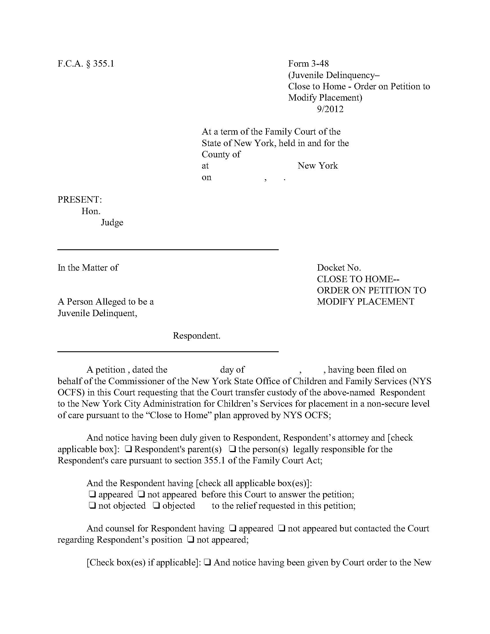 Close To Home Order On Petition To Modify Placement {3-48} | Pdf Fpdf Docx | New York