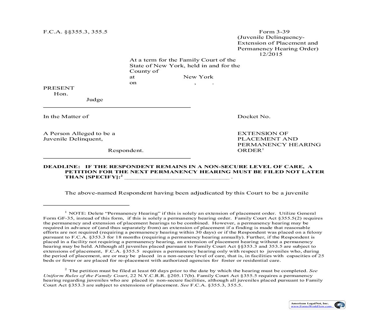 Extension Of Placement And Permanency Hearing Order {3-39} | Pdf Fpdf Doc Docx | New York