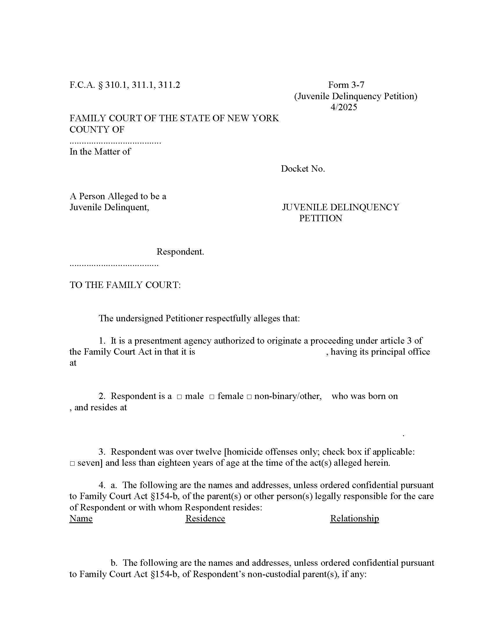 Juvenile Delinquency Petition {3-7} | Pdf Fpdf Docx | New York