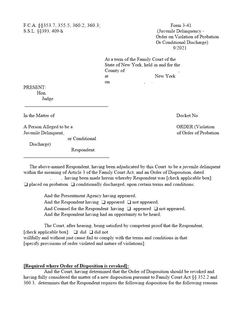 Order (Violation Of Order Of Probation Or Conditional Discharge) {3-41} | Pdf Fpdf Doc Docx | New York