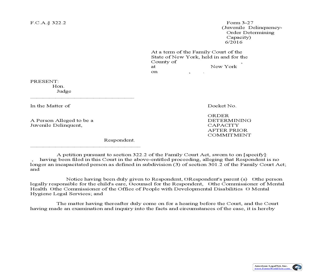 Order Determining Capacity After Prior Commitment {3-27} | Pdf Fpdf Doc Docx | New York