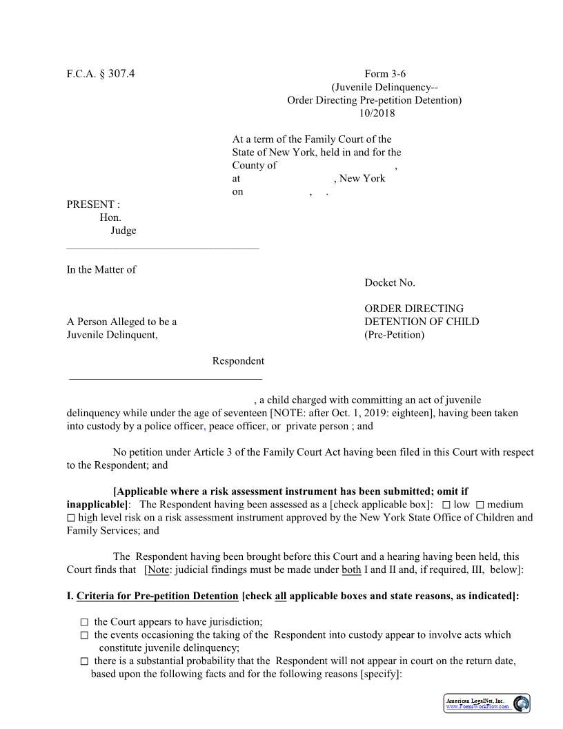 Order Directing Detention Of Child Pre Petition {3-6} | Pdf Fpdf Docx | New York