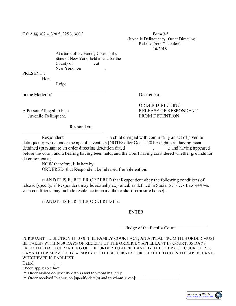 Order Directing Release Of Respondent From Detention {3-5} | Pdf Fpdf Docx | New York