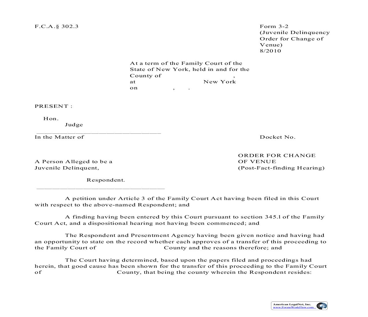 Order For Change Of Venue Post Fact Finding Hearing {3-2} | Pdf Fpdf Doc Docx | New York