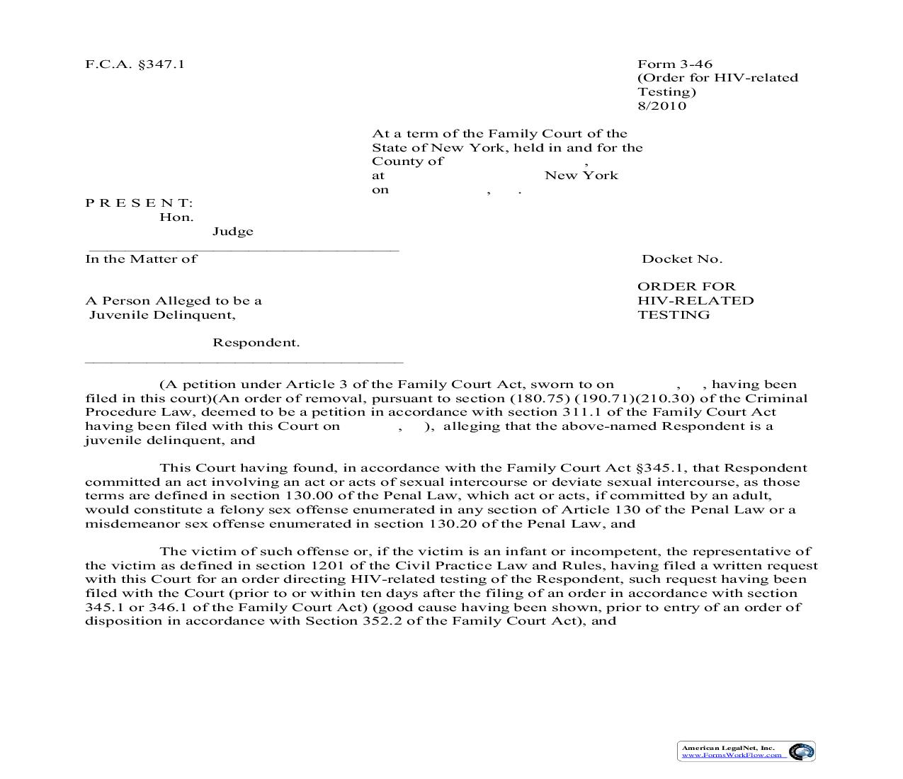 Order For HIV Related Testing {3-46} | Pdf Fpdf Doc Docx | New York