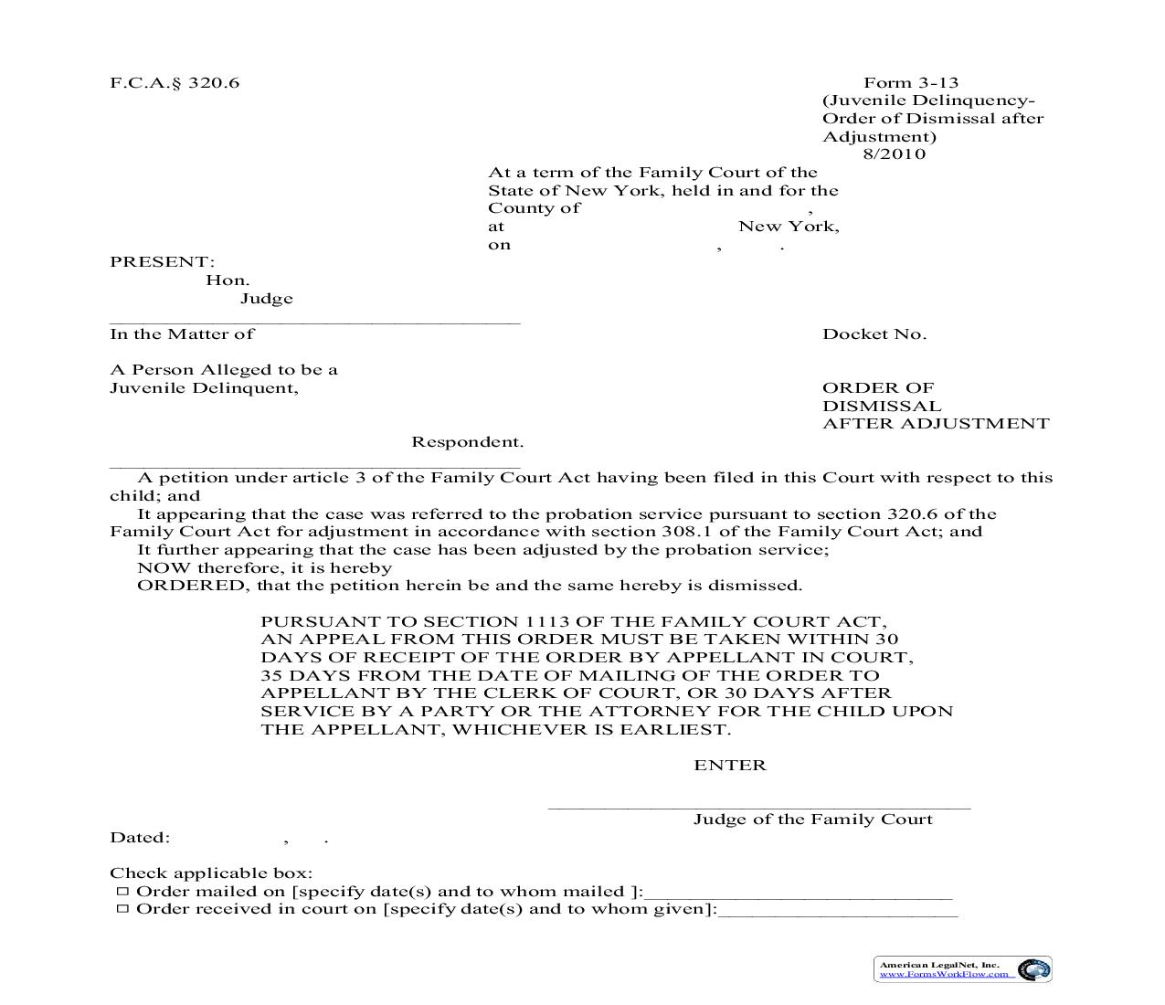 Order Of Dismissal After Adjustment {3-13} | Pdf Fpdf Doc Docx | New York