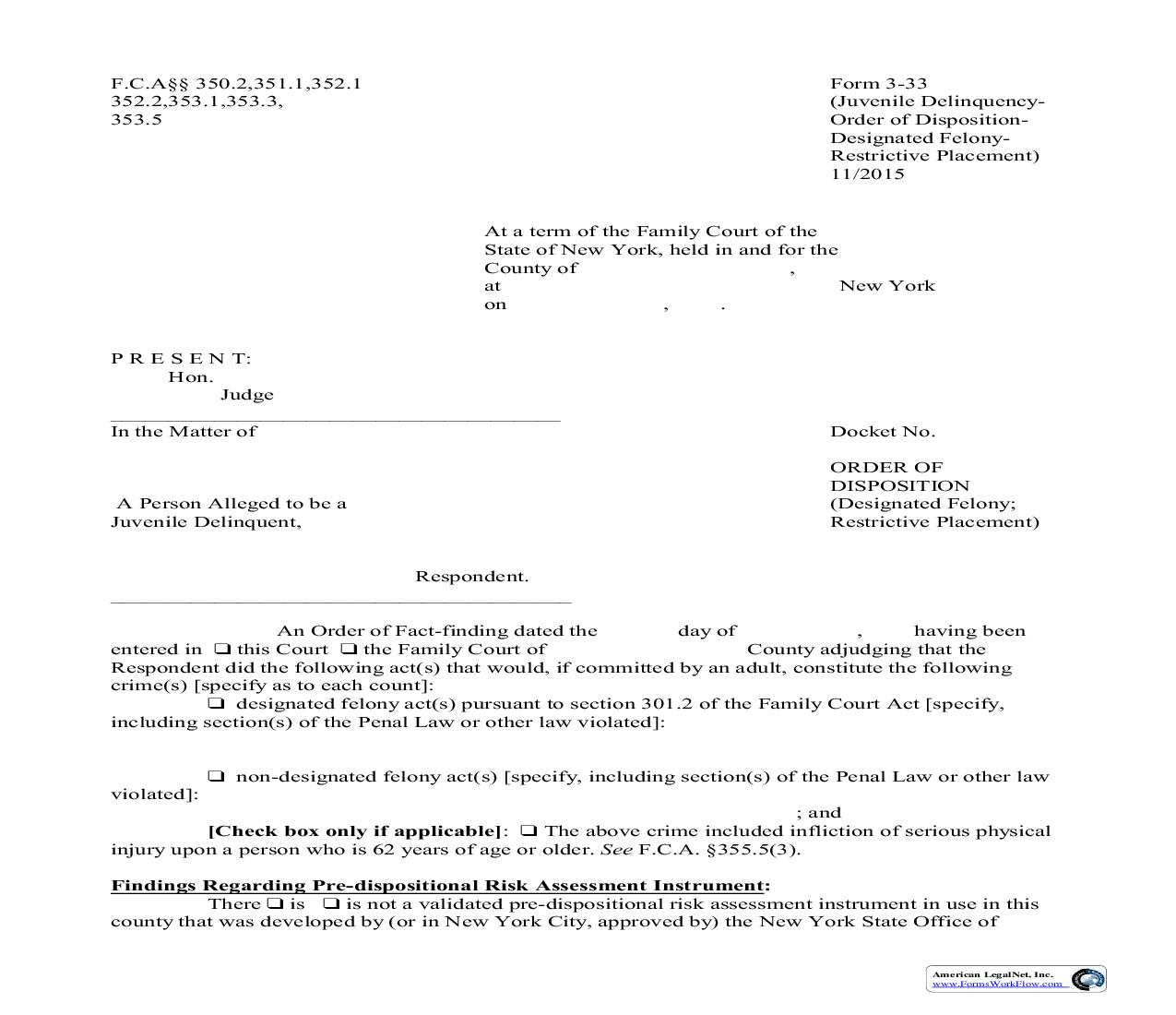 Order Of Disposition (Designated Felony Restrictive Placement) {3-33} | Pdf Fpdf Doc Docx | New York